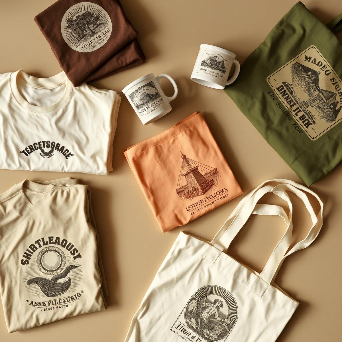 Flat lay of retro-print tees, mugs and tote bags from a vintage merch collection