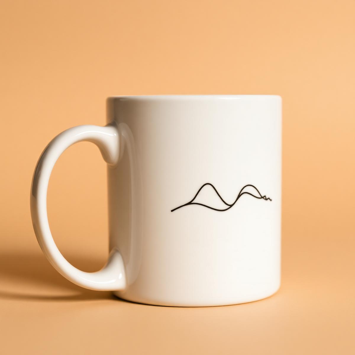 White ceramic mug printed with a single continuous line-art landscape