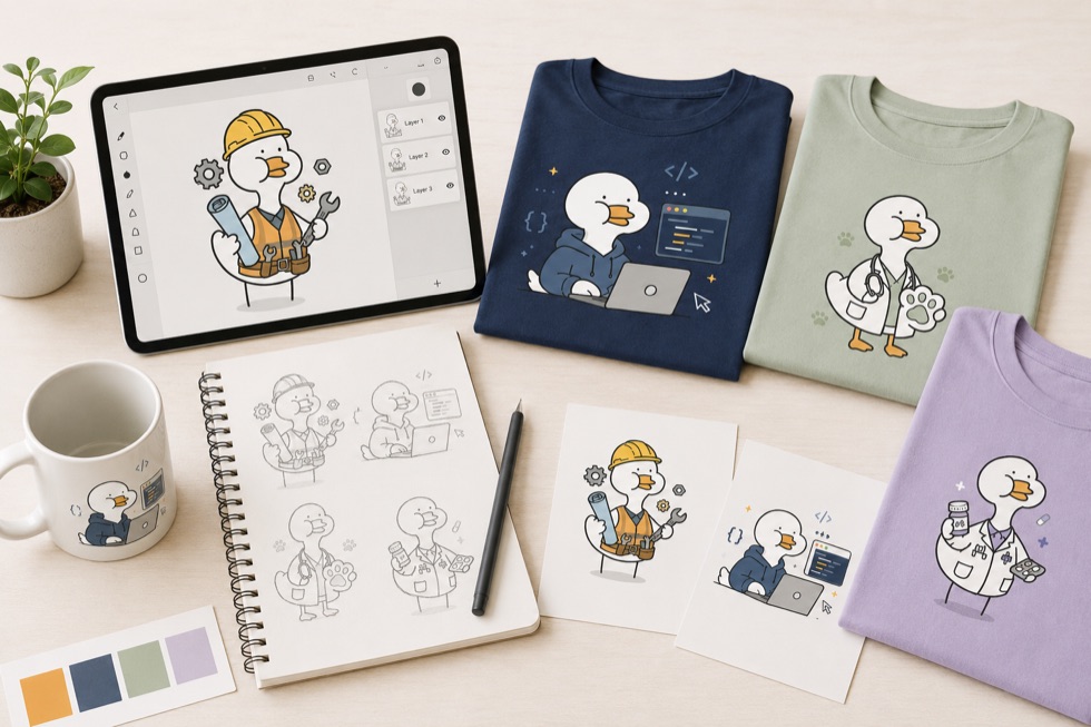 Character sketches on a notepad beside a printed mug and a tablet