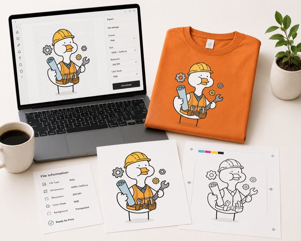 Print-ready artwork open in design software next to a folded orange printed T-shirt