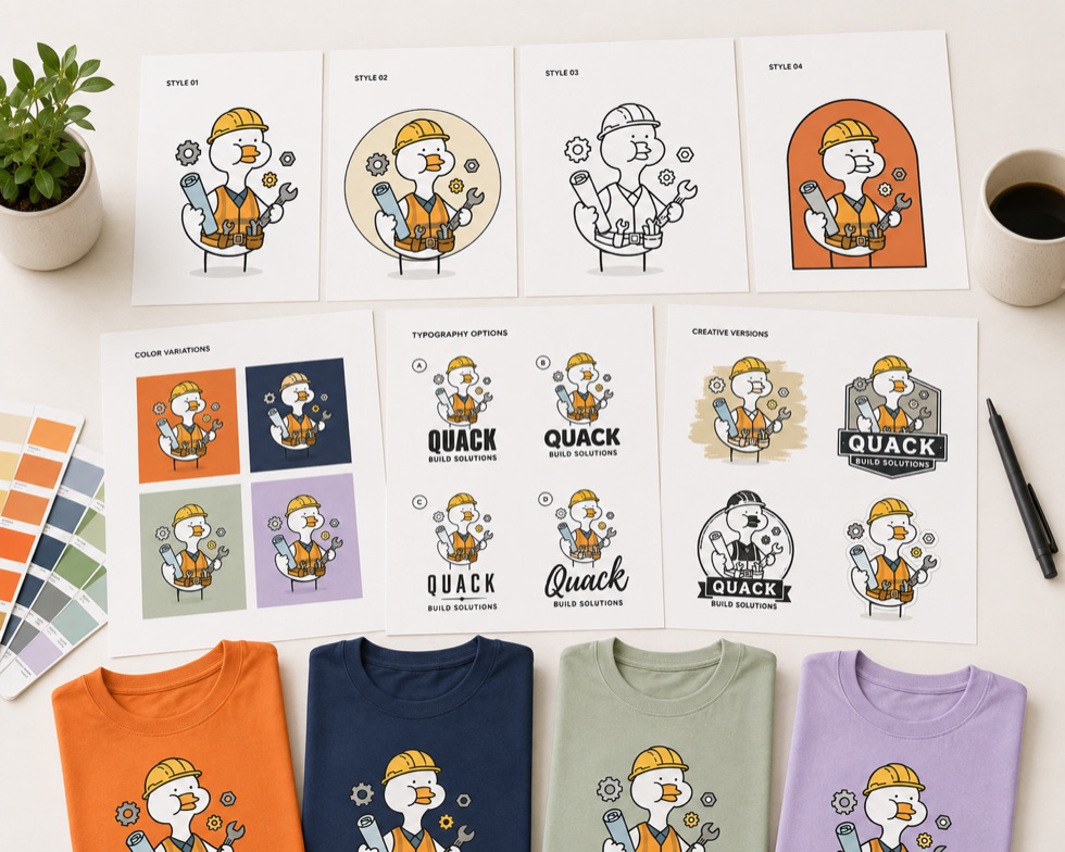 Grid of design variations showing alternative colours, badges, and typography