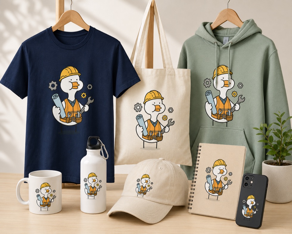 Printed mug, water bottle, tote bag, and cap arranged as product mockups