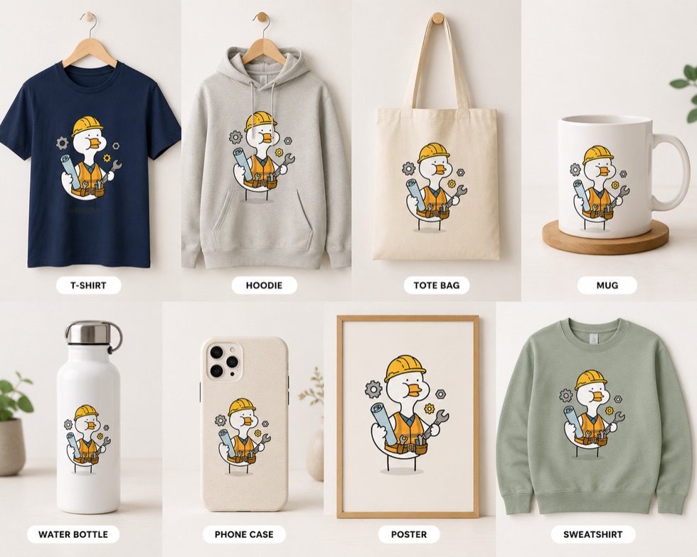 The same artwork adapted across a navy T-shirt, grey hoodie, tote bag, and mug