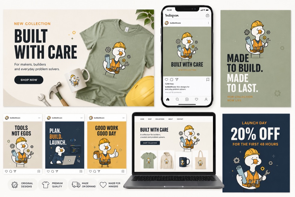 Launch graphics laid out as social posts and promotional banners