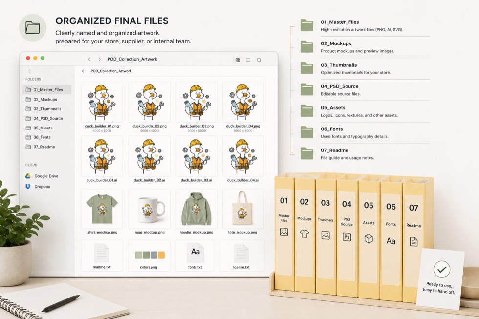 Clearly named artwork files arranged in organised folders