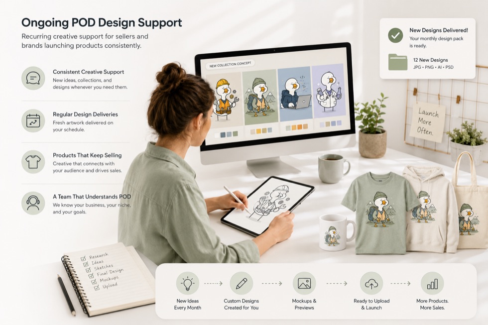 Designer at a desk drawing new POD artwork on a graphics tablet