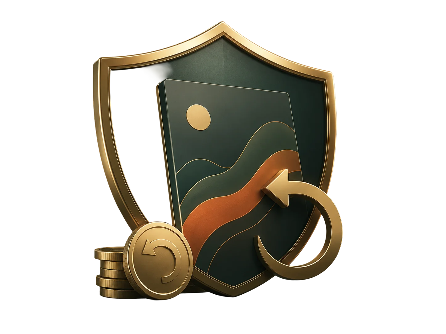 A shield protecting a print-ready design, backed by a money-back guarantee