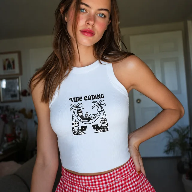 Model in a printed tank top