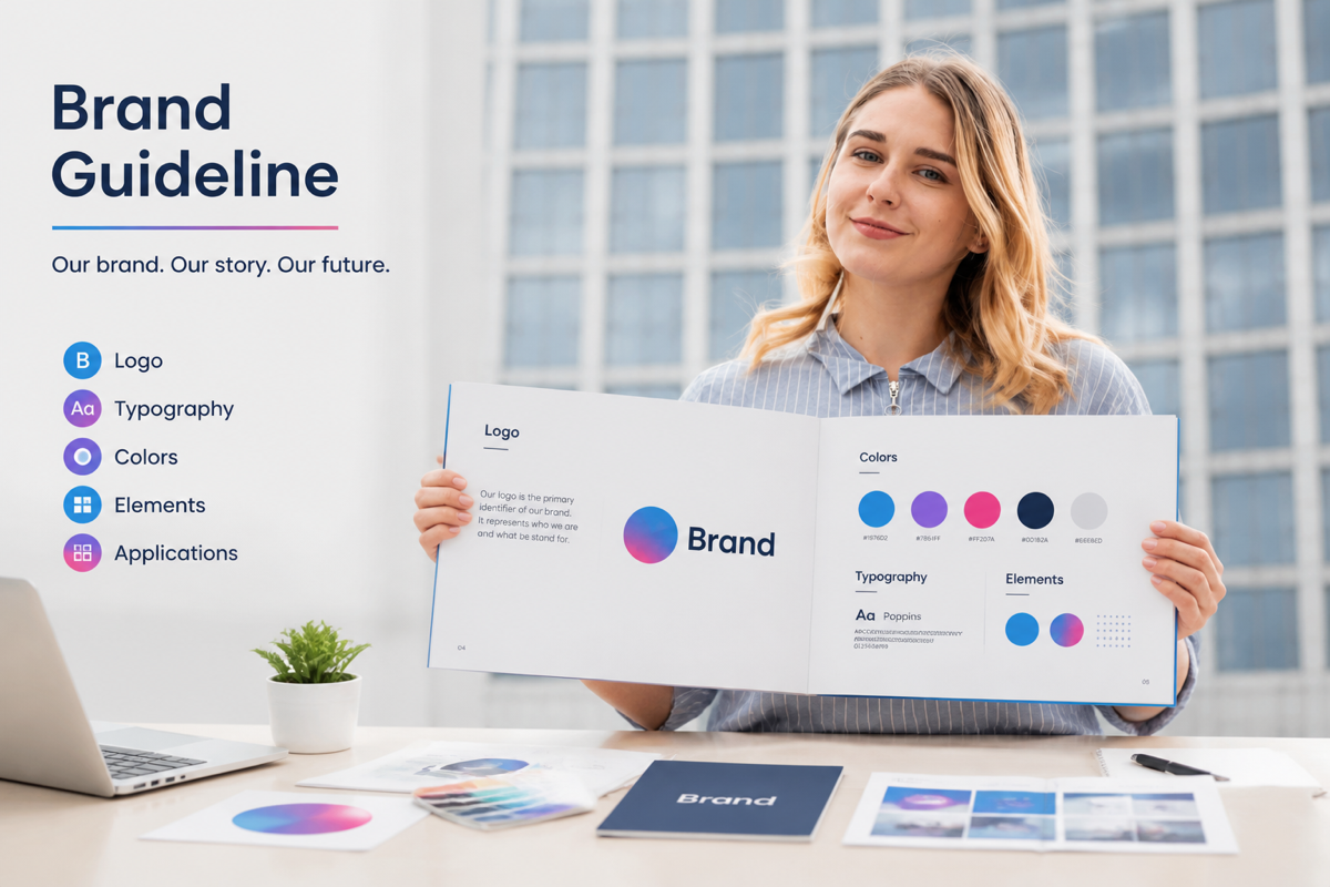 Brand guidelines showing logo, colors, and typography