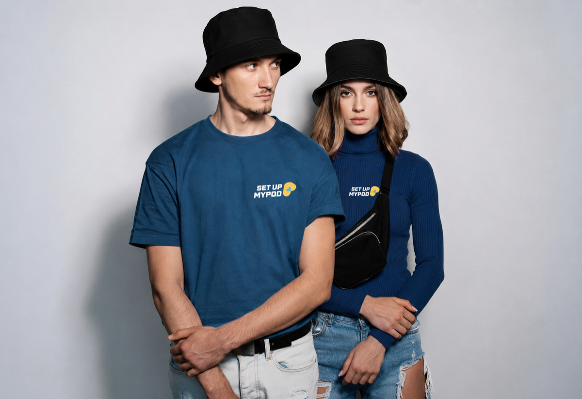 Models wearing branded print-on-demand apparel