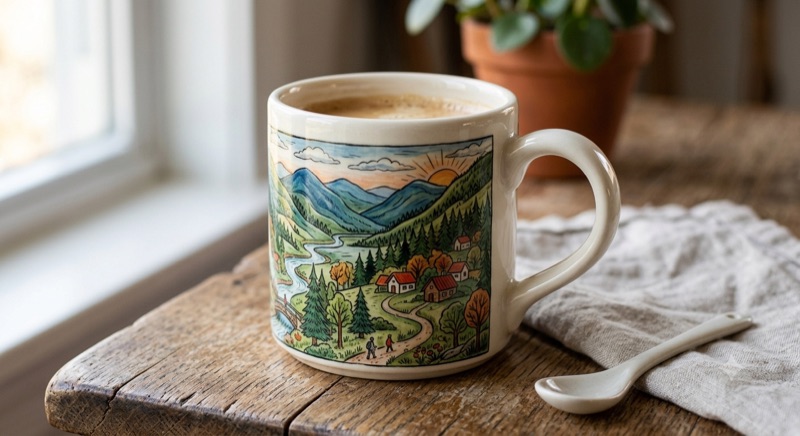 Ceramic mug printed with an illustrated mountain landscape scene