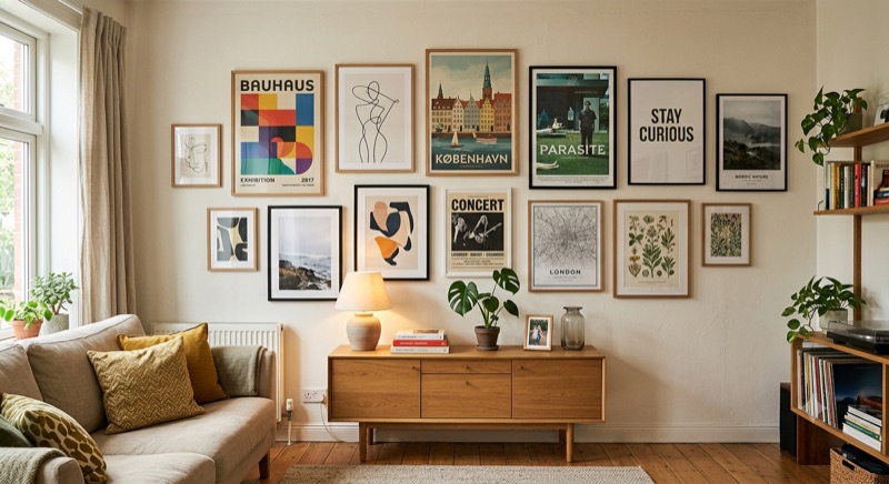 Living room gallery wall arranged with framed art prints and posters