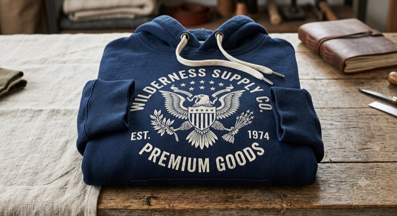 Folded navy hoodie printed with a vintage wilderness supply crest