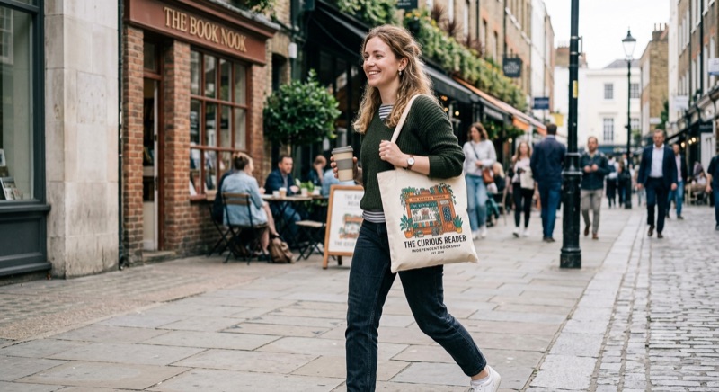 Canvas tote bag printed with an independent bookshop illustration