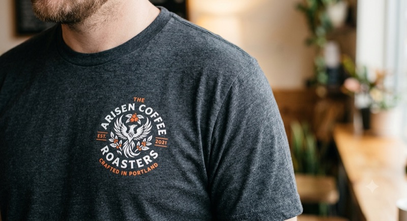 Heather grey T-shirt with a printed coffee roastery badge design on the chest